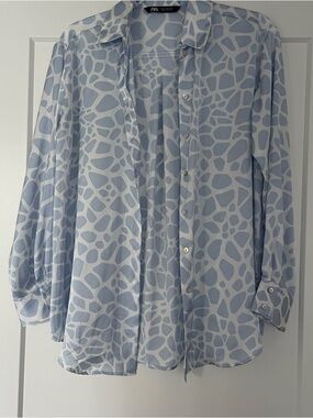 Zara Pale Blue & White Abstract Print Button-Up Shirt